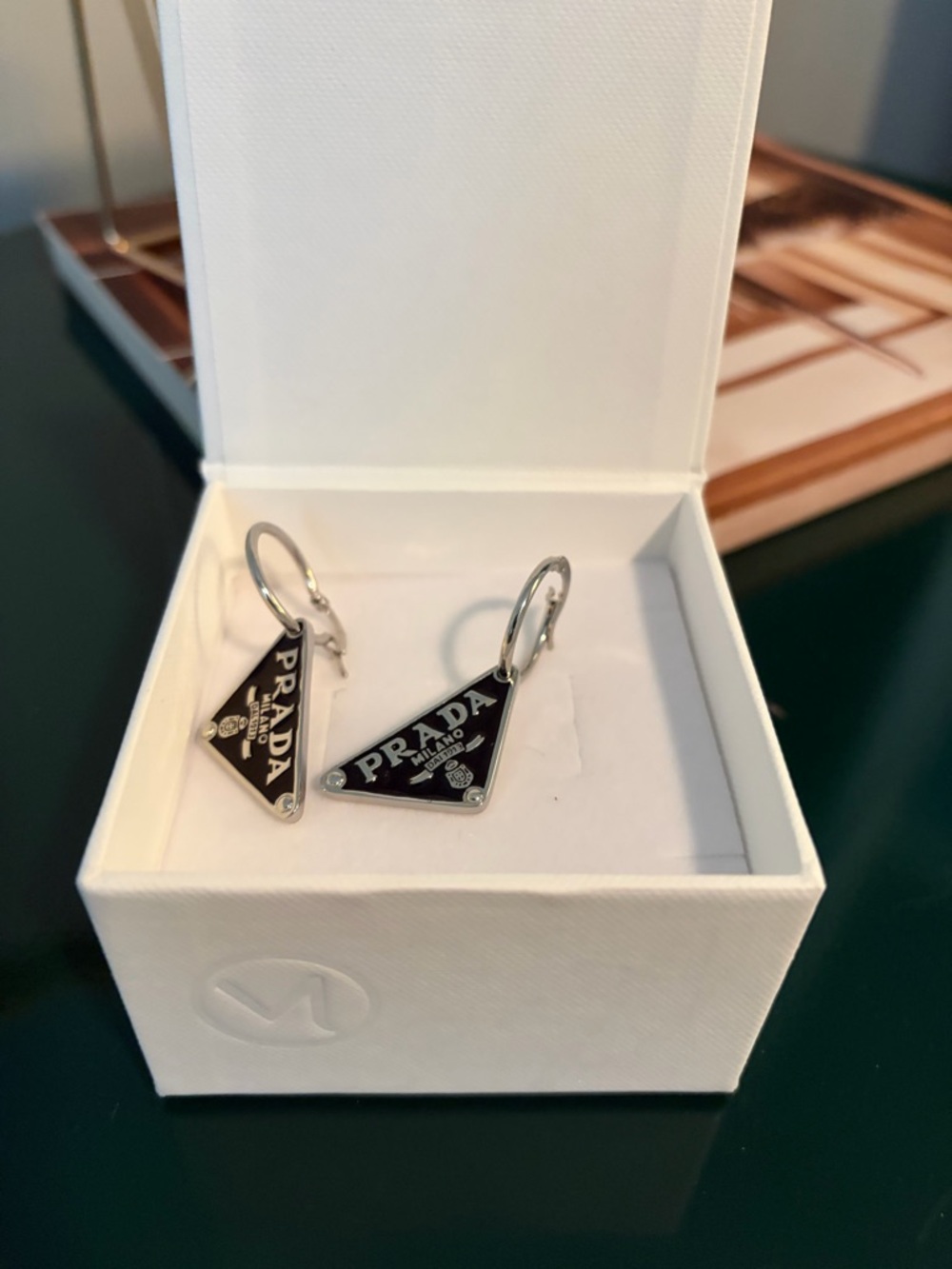 Prada Black Triangle Logo Hoop Earrings with Silver Tone - Picture 2 of 5